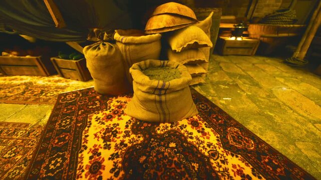In a charming market setting, vibrant textiles lie on stone ground beside neatly stacked burlap sacks. The warm glow adds a welcoming charm to the rustic atmosphere of the marketplace.