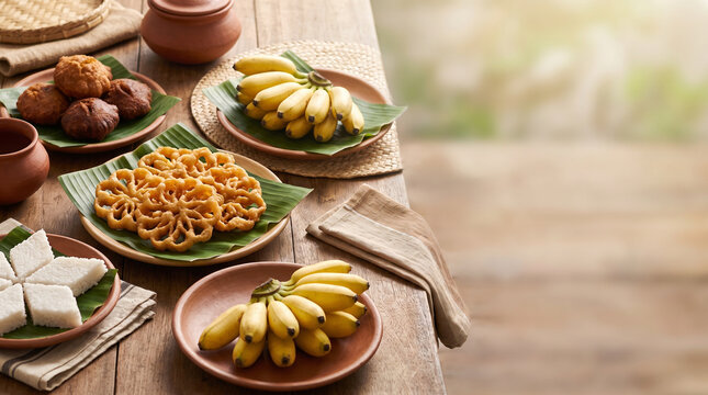 Traditional Sri Lankan New Year sweets, oil cakes, kokis, milk rice, and bananas on a wooden table