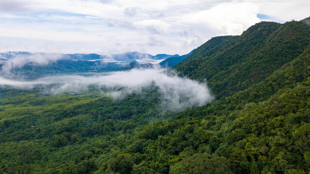 Aerial view of the lush green mountains of Busuanga, covered in dense tropical forest with low-hanging clouds drifting through the valley in Busuanga, Mimaropa, Philippines.
