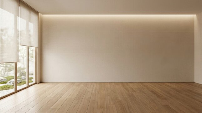 Empty modern Japanese style room with hidden ceiling lights wooden flooring and zen garden