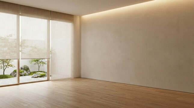 Minimalist zen room interior with empty beige textured wall wooden floor and garden view