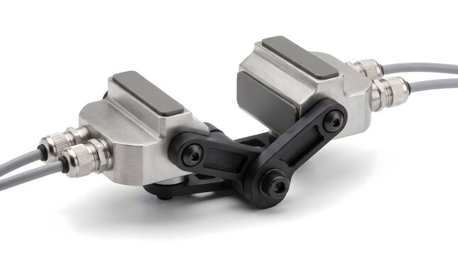 Industrial Sensor Bracket Assembly Photo Dual Proximity Sensors with Mounting Hardware and Cabled Glands Isolated on White Background   