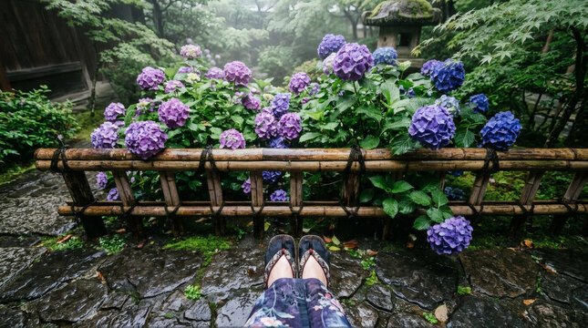 Vibrant purple and blue hydrangeas blooming in a traditional Japanese garden with bamboo fence and stone lantern