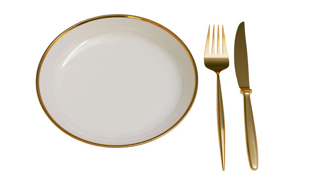 Isolated elegant golden plate with a fork and knife, formal dinnerware setting on clean surface