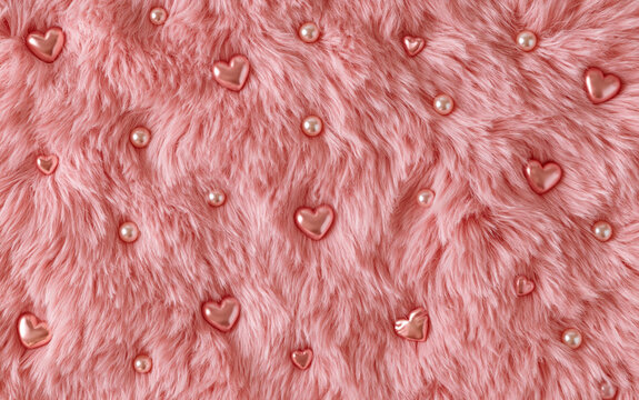 Pink fur heart pearl valentine romantic texture soft love background pattern Pink fur texture with scattered heart shape and pearl element creating soft romantic background pattern for valentine