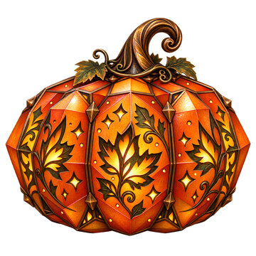 Ornate Geometric Orange Pumpkin Lantern Featuring Glowing Autumn Leaf Patterns and Antique Bronze Details Isolated on Transparent Background
