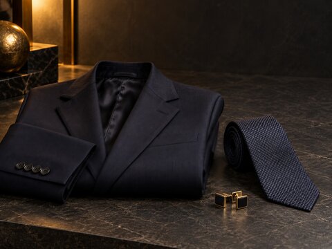 elegant men's formal wear. folded suit jacket, textured tie, and gold cufflinks on dark marble surface. luxury fashion, business attire, groom outfit. menswear boutique, copyspace.