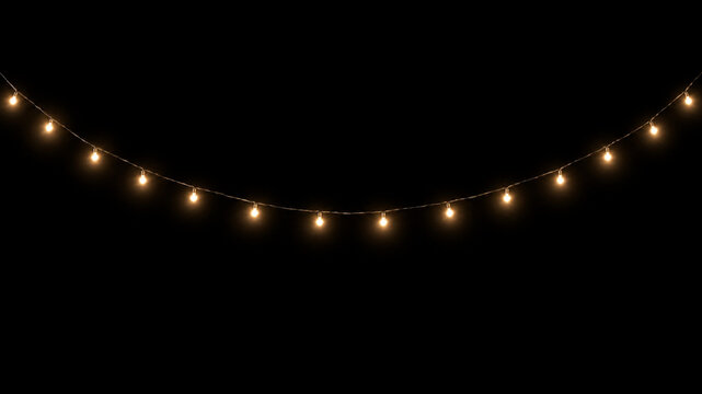 Warm string lights hanging on black background, festive glowing fairy light garland, luminous garland bulbs for party decoration overlay