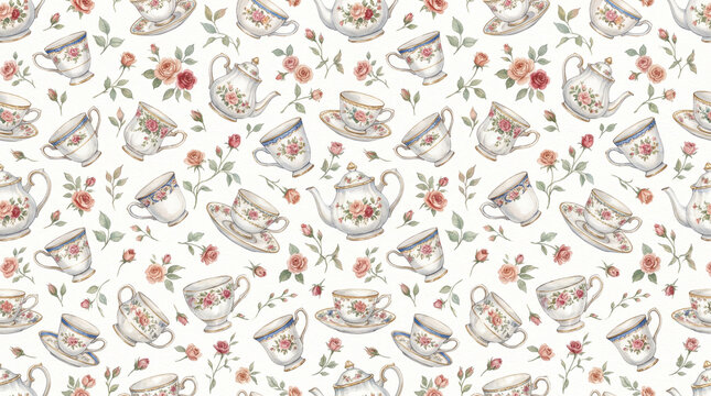 Vintage Teacup and Rose Seamless Watercolor Pattern 