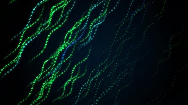Flowing blue and green binary code streams on dark background