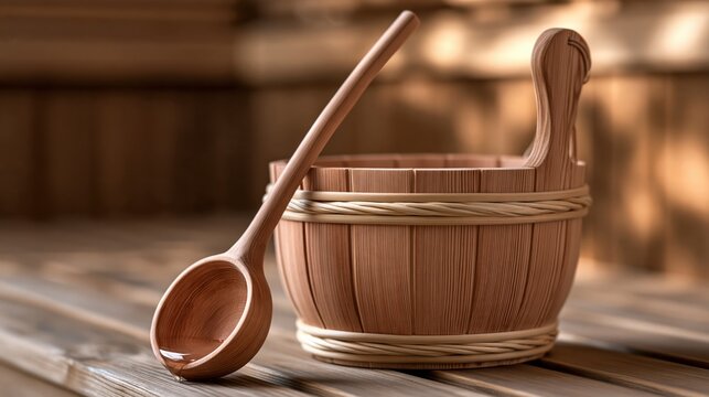 Wooden sauna bucket with a ladle on a sauna bench