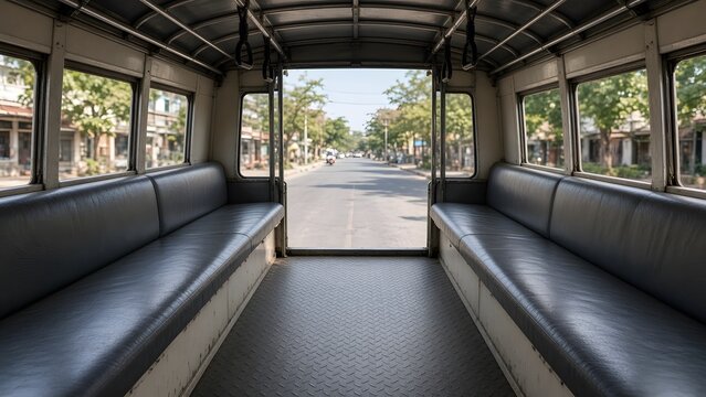 Empty interior of a Thai songthaew shared taxi with two bench seats looking out to a sunny street