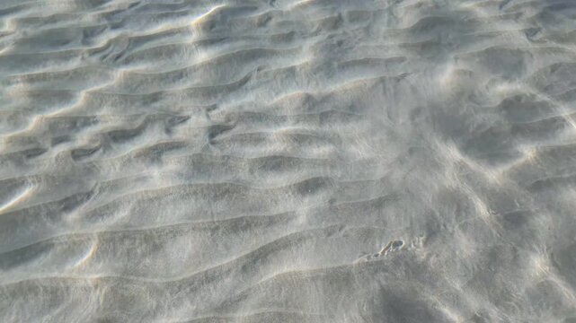 sunlight filtering through shallow, crystal-clear water creating bright caustic light patterns across a sandy seabed