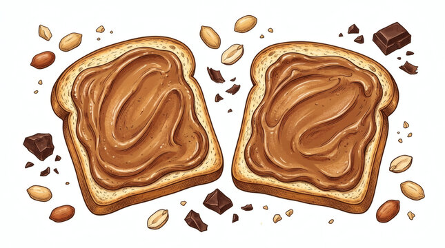 Creamy peanut butter and chocolate spread on toasted bread slices hand drawn vector illustration