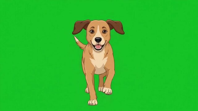 Animated brown dog walking cheerfully on a green screen background