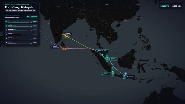 Port Klang Shipping Hub Malacca Strait Maritime Route Map with Cargo Ship and Telemetry HUD 4K Animation