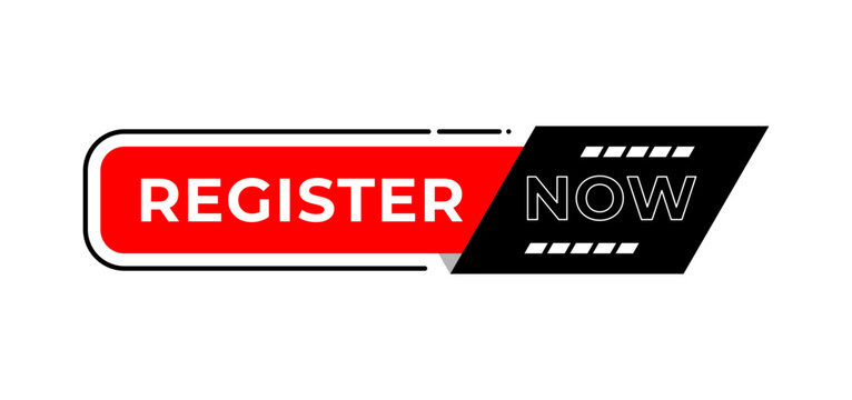 Register Now red and black modern label vector. Vector Illustration