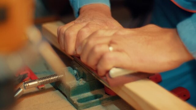 Slow motion close-up of hands using a red sanding block to smooth a wooden plank clamped in a vise. Authentic DIY woodworking footage for craft, carpentry and maker projects