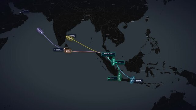 Port Klang Shipping Hub Malacca Strait Maritime Route Map with Cargo Ship Clean 4K Animation