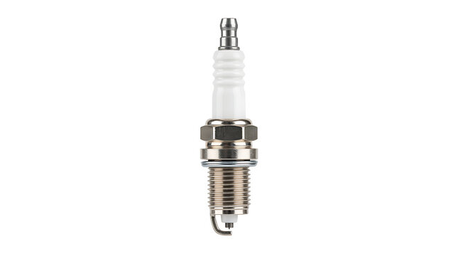 High-quality studio photograph of an automotive spark plug, isolated on a white background. 