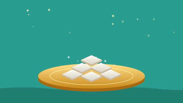Kaju katli diamond sweets on golden plate, Indian cashew mithai, seamless loop flat animation