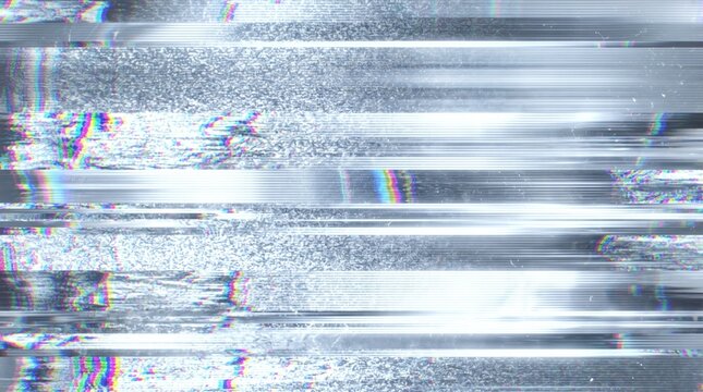Bright silver glitch background with chromatic aberration, analog television scanlines, distressed photocopy texture and vintage CRT static noise overlay for modern media.
