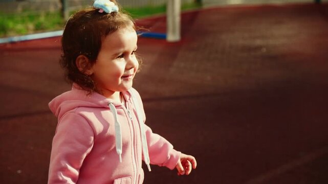 Sunlight warms a laughing toddler on a track. Her pink coat gleams, hair tied with a blue bow. She walks forward, eyes bright with joy. Soft background blur shows a playground