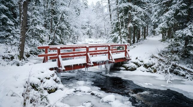 Snow covered wooden bridge over a frozen stream in a winter forest landscape