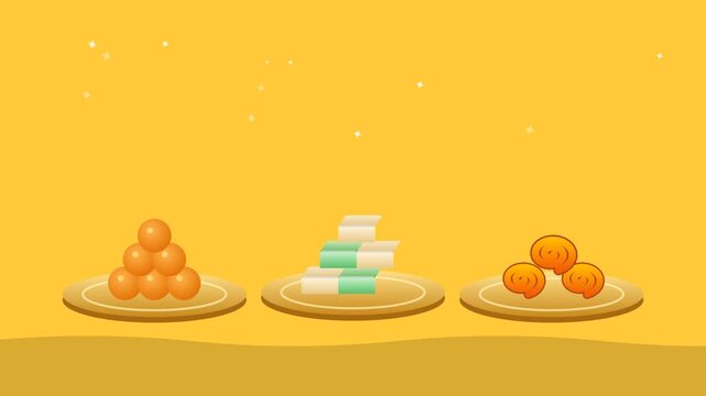 Plates of ladoo, barfi and jalebi Indian sweets, Diwali mithai, seamless loop flat animation