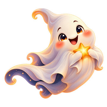 Cute Smiling Fantasy Ghost Holding a Glowing Golden Star in a Flowing White Robe, Isolated on Transparent Background