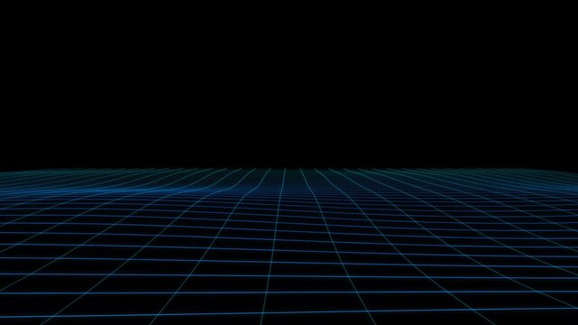Blue neon wireframe grid landscape moving in perspective on black
