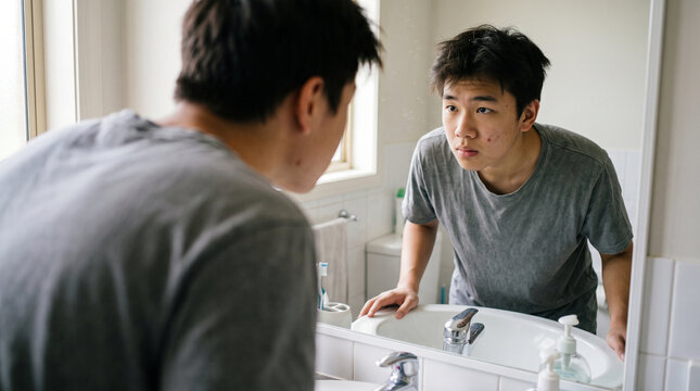Young man with acne and skin redness looking at his reflection in bathroom mirror, appearing concerned about facial blemishes and skin condition