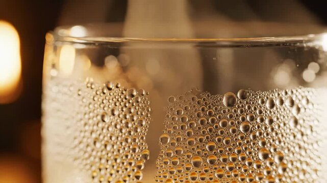 A close-up view captures a glass full of a drink with bubbles and condensation. The background is warm with soft lighting. The focus is on the texture of the glass