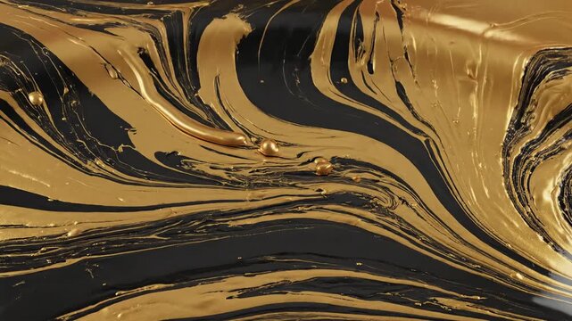 Art is being made with black and gold paint swirling together on a canvas in a creative studio. Thick strokes create a unique design with rich colors and textures