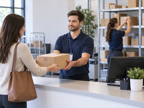 smiling courier handing cardboard box to female customer at pickup counter in post office. delivery service, parcel collection, e-commerce, shopping concept, store interior with copy space.