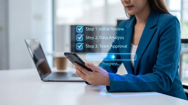 Professional looking at smartphone with checklist overlay of initial review, data analysis, and team approval in a modern office setting
