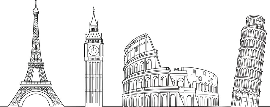 Famous European Landmarks Line Art Vector Set Featuring Eiffel Tower Big Ben Colosseum and Leaning Tower of Pisa Outline Travel Architecture Hand Drawn Elements