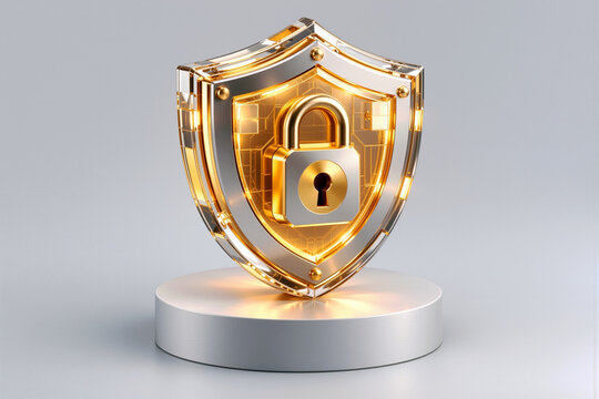 3D Golden Security Shield with Padlock on Podium for Cybersecurity and Data Protection