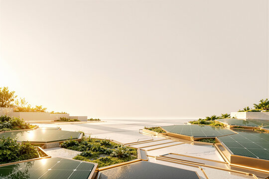 Futuristic Minimalist White Podium with Floating Glass Panels and Plants for Product Display