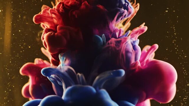Ink in blue and red colors mixes in water, forming various patterns and shapes. The colors swirl and blend together, creating unique visuals over time