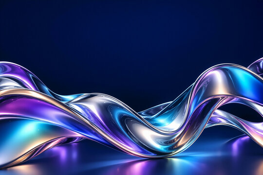 Abstract 3D Iridescent Liquid Chrome Wave Flowing Over Dark Blue Background