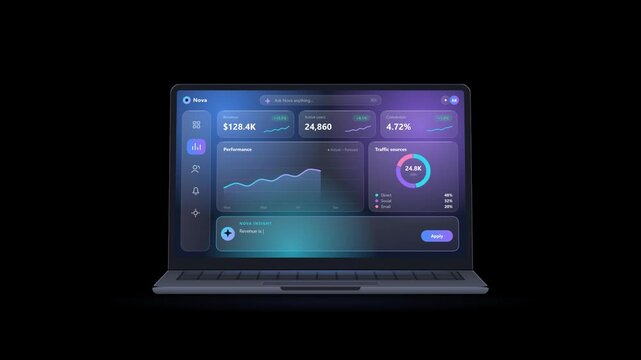 Laptop displaying business data dashboard on transparent background