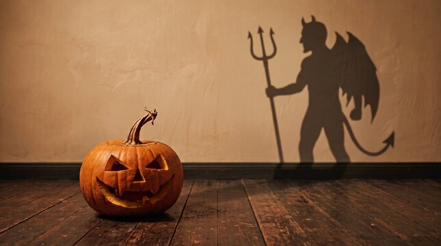 A Halloween pumpkin on wooden planks with a spooky devil holding a trident shadow
