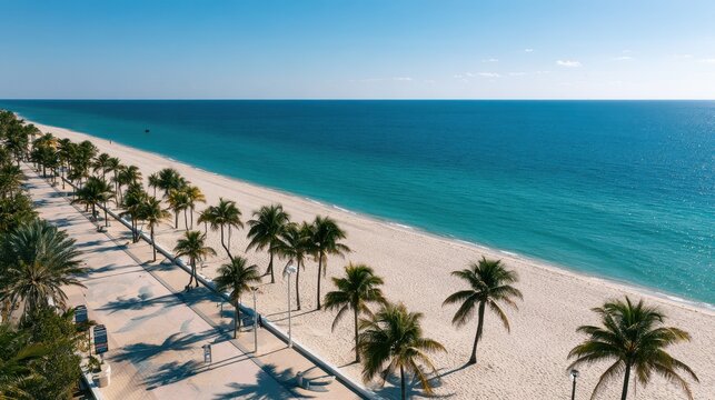 Aerial view of empty Hollywood Beach, Florida during lockdown on the Broadwalk