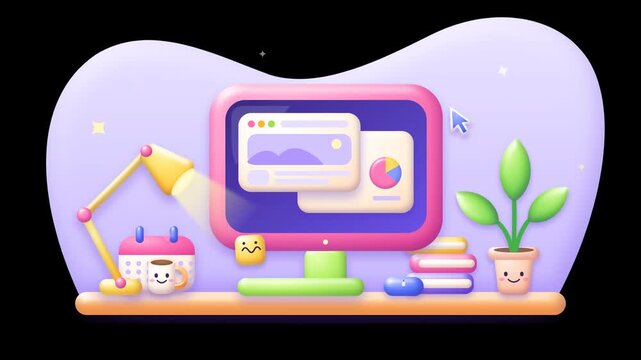 Cute 3d computer workstation animation on transparent background