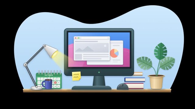 Desktop computer workstation animation on transparent background