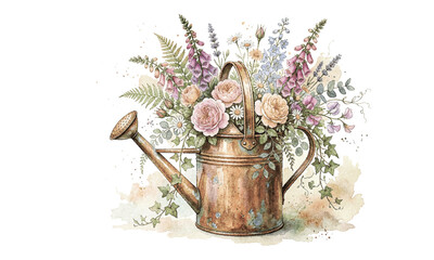 Vintage watercolor floral watering can illustration, rustic metal garden pot filled with spring flowers, botanical blossom art print isolated on Transparent Background © riponhossain