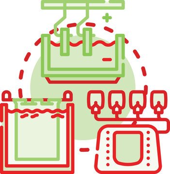 Electrolysis concept. Oxidation cathode, deposition reduction, electrons electrode icon vector illustration