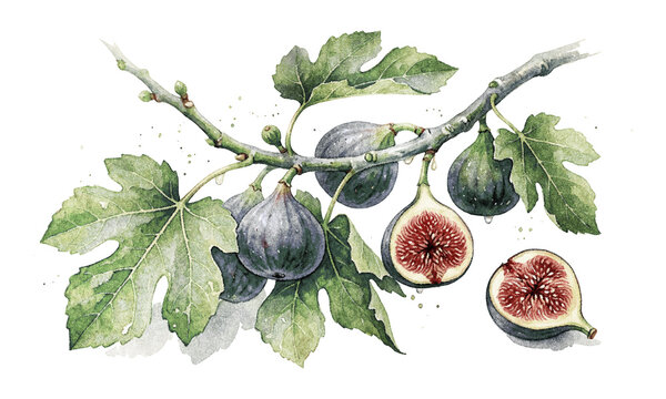 Watercolor fig branch illustration with fresh purple fruit, botanical painting of ripe figs and sliced fig, vintage organic food design elements isolated on Transparent Background