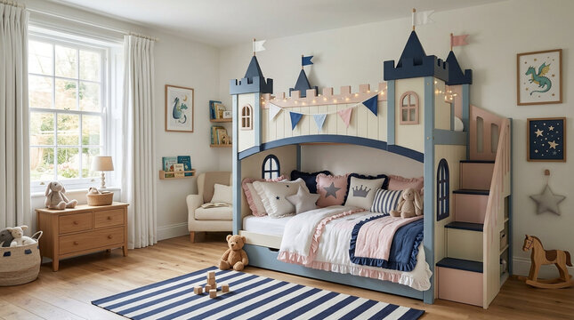 A charming childrens bedroom features a unique castle bunk bed decorated with bunting and string lights